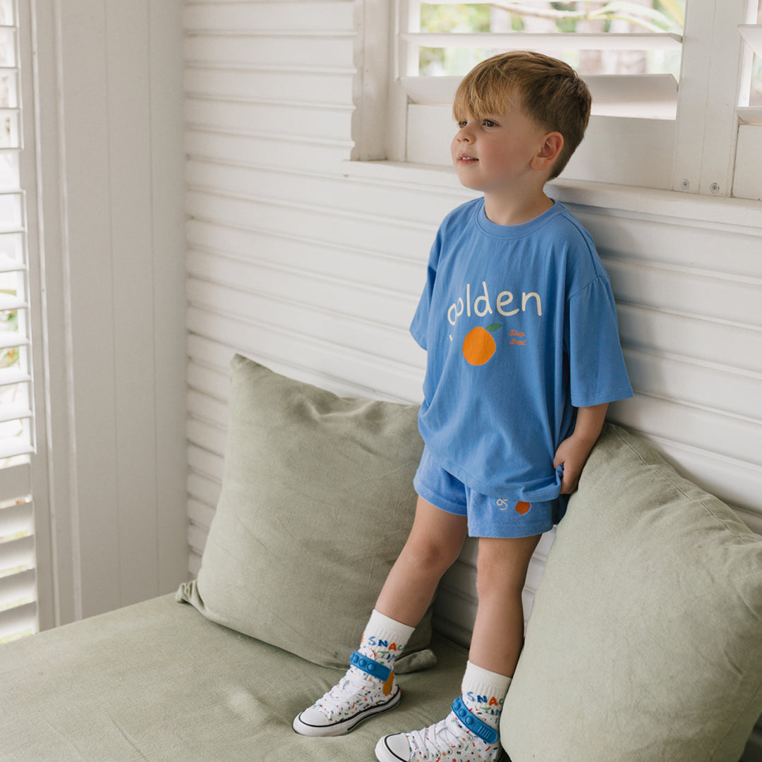 Golden Logo Mid Sleeve Tee Pool Blue