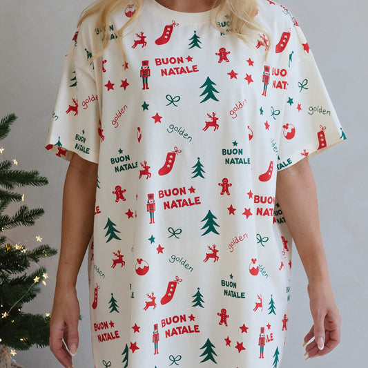 Buon Natale Christmas ADULT Oversized Sleep Tee Yardage Buttercream