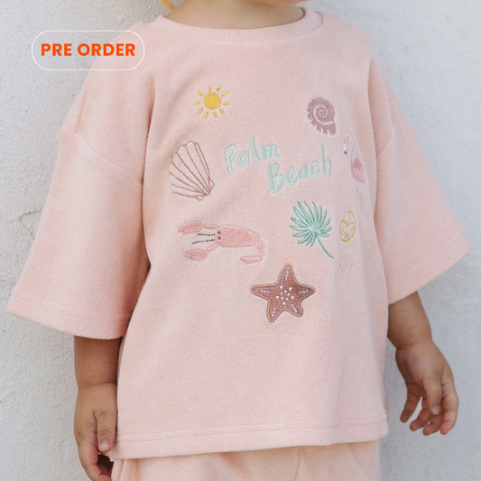 PRE ORDER Palm Beach Mid Sleeve Tee Terry Towel Flamingo Pink