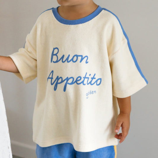 Buon Appetito Mid Sleeve Tee Buttercream / Blue