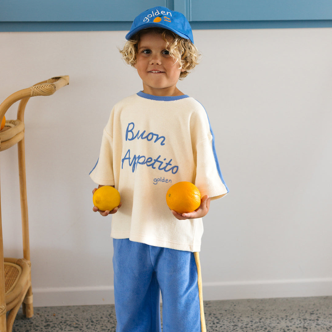 Buon Appetito Mid Sleeve Tee Buttercream / Blue