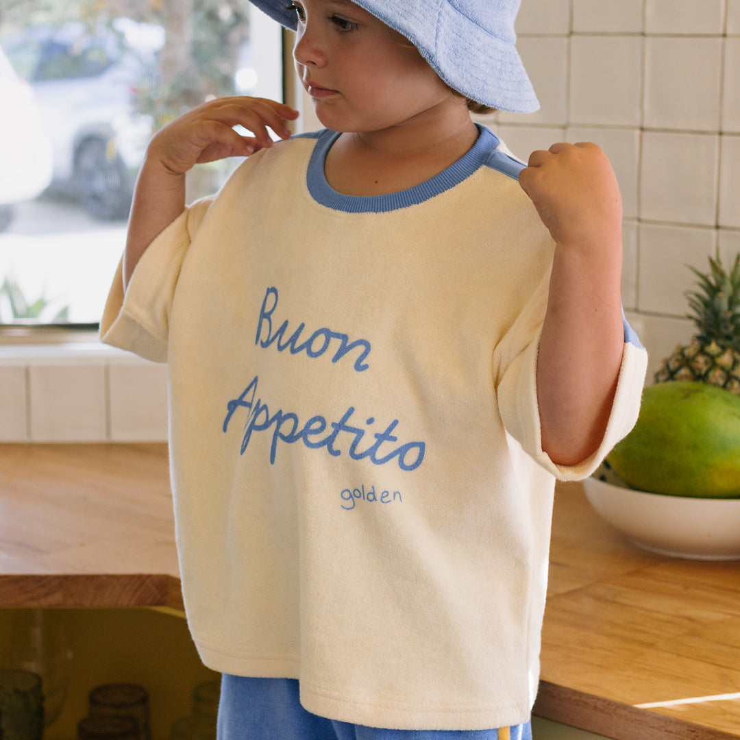 Buon Appetito Mid Sleeve Tee Buttercream / Blue
