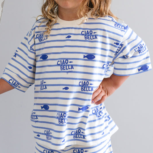 Ciao Bella Pesci Mid Sleeve Tee Buttercream Stripe